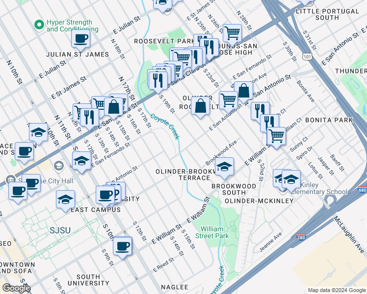 map of restaurants, bars, coffee shops, grocery stores, and more near 835 East San Antonio Street in San Jose