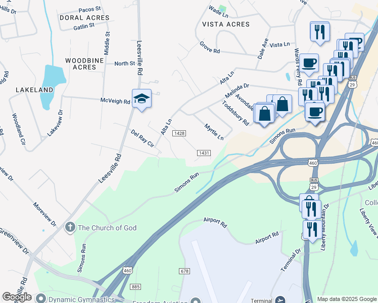 map of restaurants, bars, coffee shops, grocery stores, and more near 60 Edgewood Drive in Lynchburg