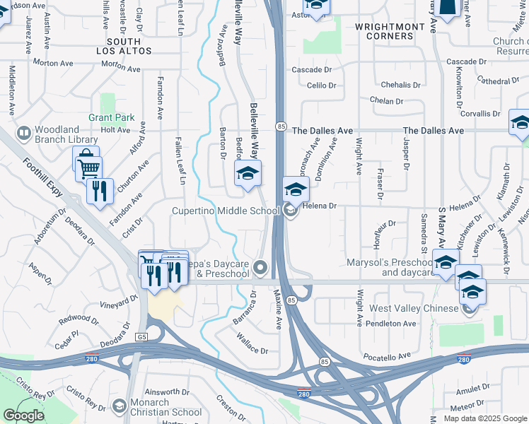map of restaurants, bars, coffee shops, grocery stores, and more near 1635 Belleville Way in Sunnyvale