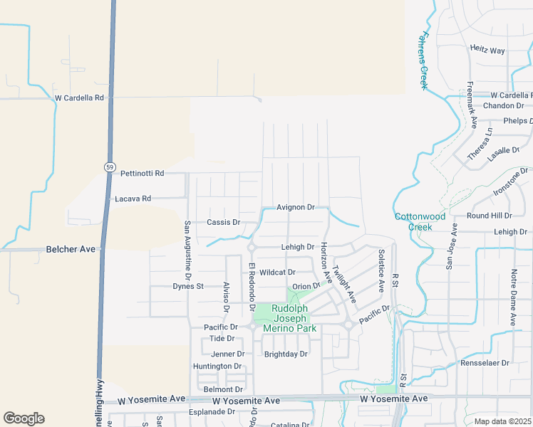 map of restaurants, bars, coffee shops, grocery stores, and more near 1292 Avignon Drive in Merced