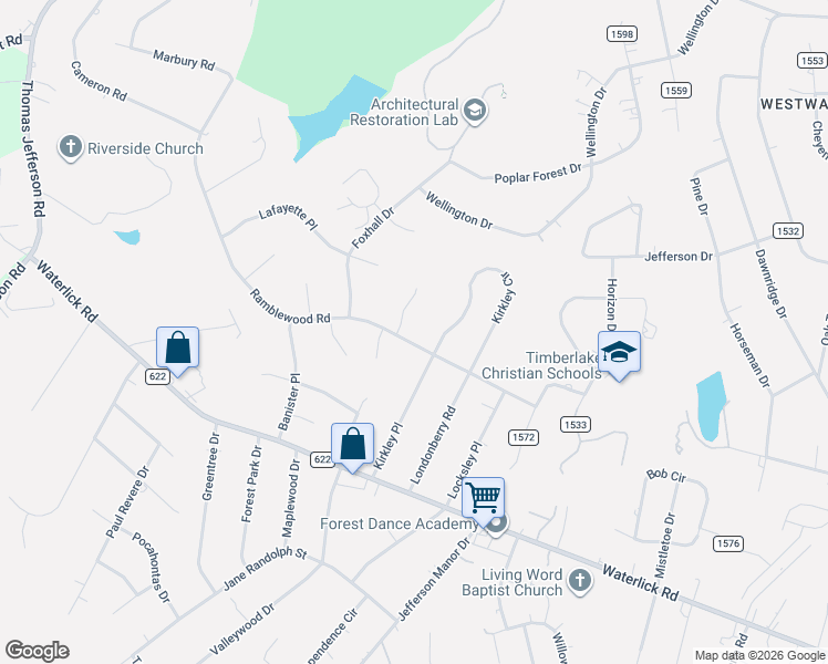 map of restaurants, bars, coffee shops, grocery stores, and more near 463 Kirkley Circle in Forest