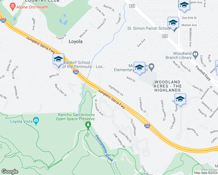 map of restaurants, bars, coffee shops, grocery stores, and more near 917 Highlands Circle in Los Altos