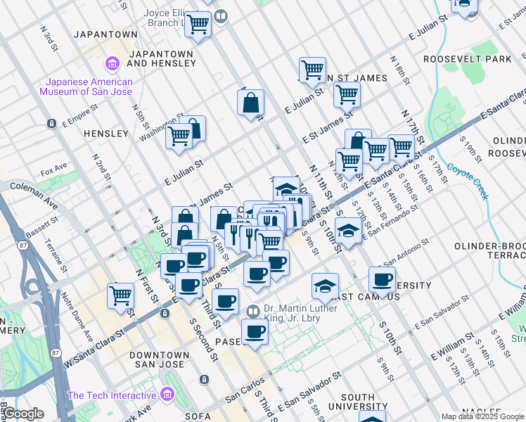 map of restaurants, bars, coffee shops, grocery stores, and more near 90 North 8th Street in San Jose
