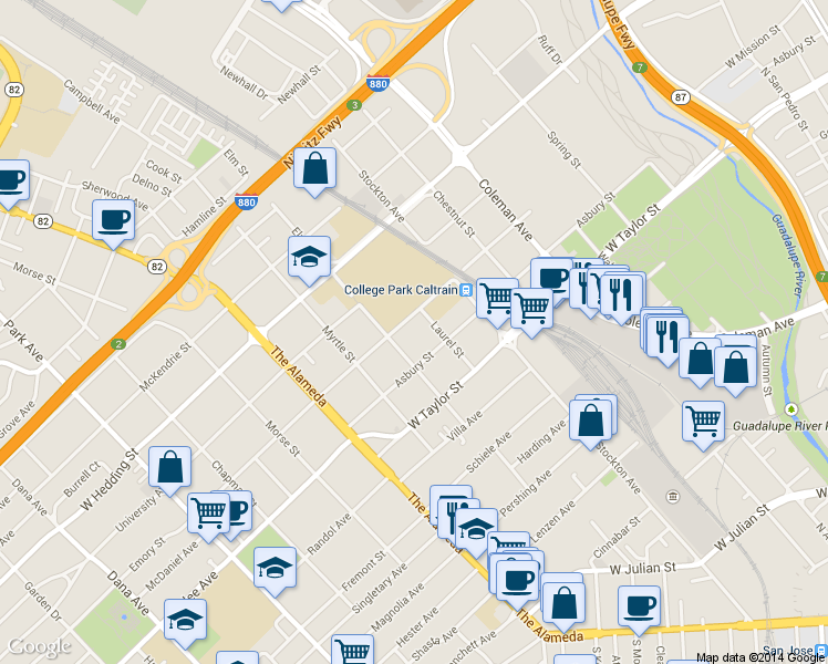 map of restaurants, bars, coffee shops, grocery stores, and more near 846 Emory Street in San Jose