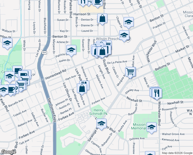 map of restaurants, bars, coffee shops, grocery stores, and more near 713 Malarin Avenue in Santa Clara