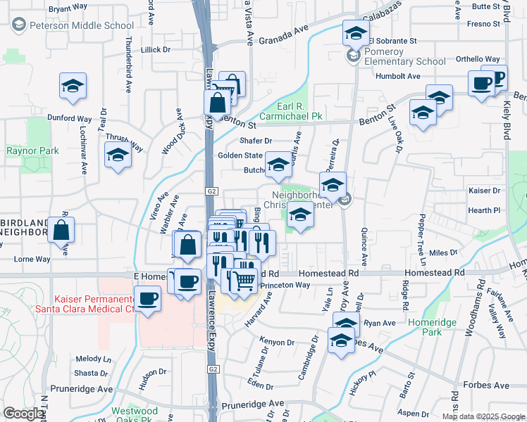 map of restaurants, bars, coffee shops, grocery stores, and more near 3450 Brookdale Drive in Santa Clara
