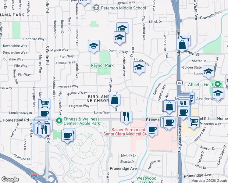 map of restaurants, bars, coffee shops, grocery stores, and more near 1041 Katrine Court in Sunnyvale