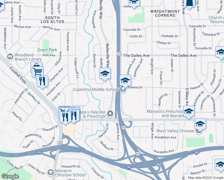 map of restaurants, bars, coffee shops, grocery stores, and more near 1612 Belleville Way in Sunnyvale