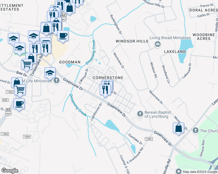 map of restaurants, bars, coffee shops, grocery stores, and more near 200 Cornerstone Street in Lynchburg