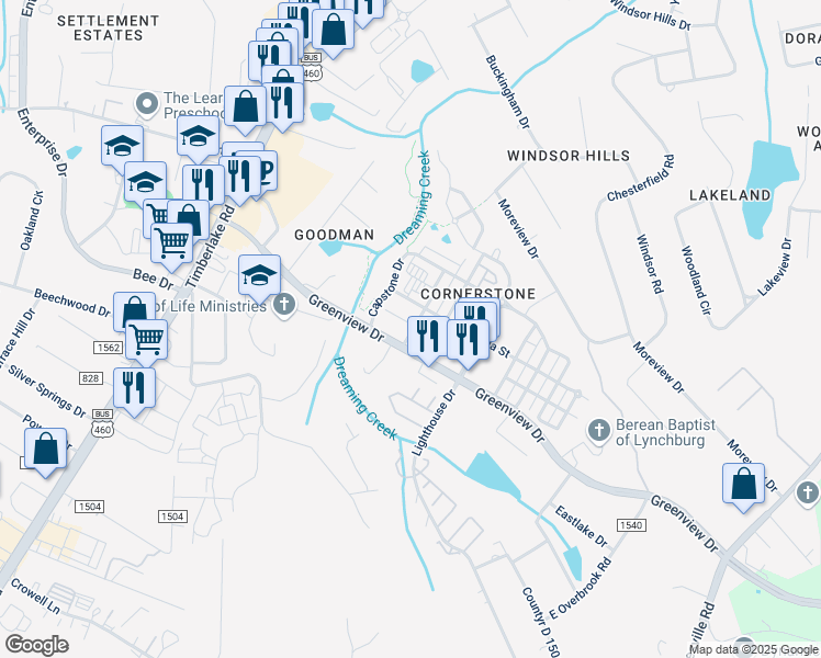 map of restaurants, bars, coffee shops, grocery stores, and more near 118 Capital Street in Lynchburg