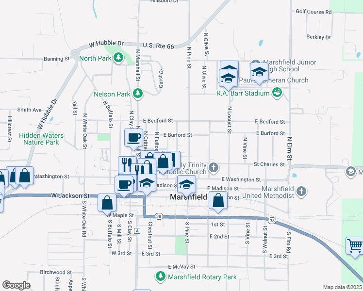 map of restaurants, bars, coffee shops, grocery stores, and more near 311 North Pine Street in Marshfield