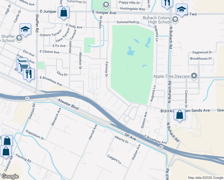 map of restaurants, bars, coffee shops, grocery stores, and more near 1060 Fairway Drive in Atwater