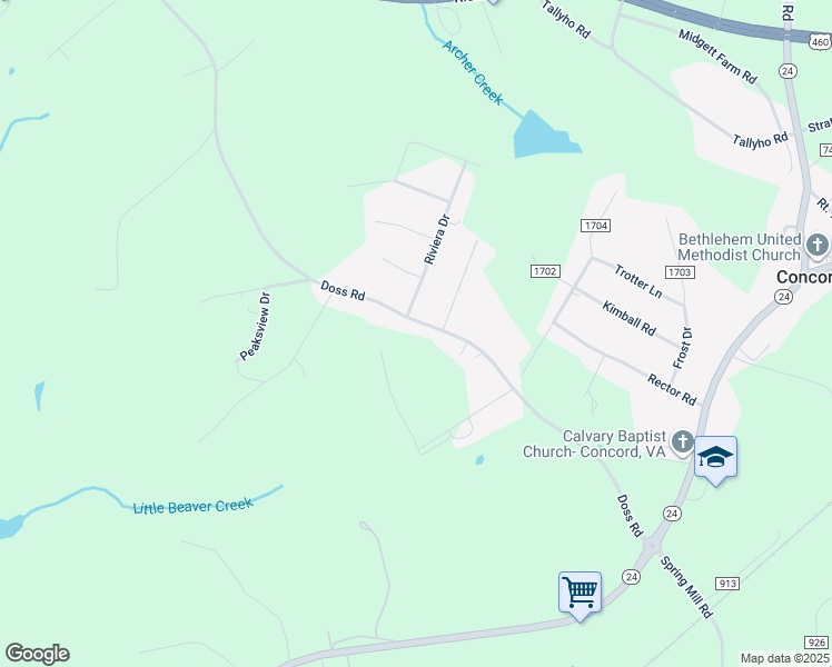 map of restaurants, bars, coffee shops, grocery stores, and more near 710 Doss Road in Concord