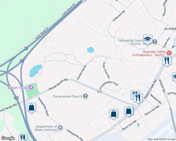 map of restaurants, bars, coffee shops, grocery stores, and more near 6946 Black Walnut Court in Roanoke