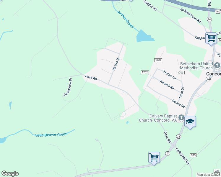 map of restaurants, bars, coffee shops, grocery stores, and more near 710 Doss Road in Concord