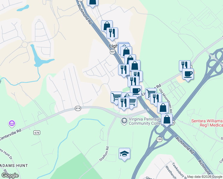 map of restaurants, bars, coffee shops, grocery stores, and more near 4635 Minutemen Way in Williamsburg