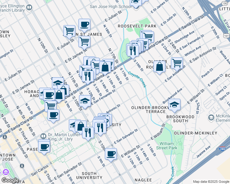 map of restaurants, bars, coffee shops, grocery stores, and more near 105 South 15th Street in San Jose