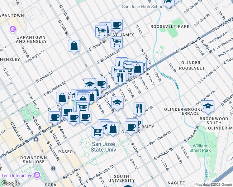 map of restaurants, bars, coffee shops, grocery stores, and more near 4 South 11th Street in San Jose