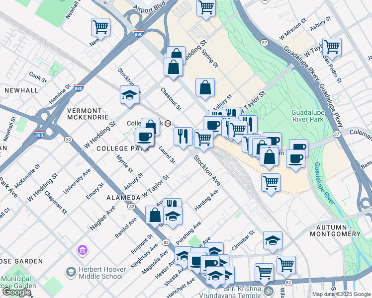 map of restaurants, bars, coffee shops, grocery stores, and more near 721 Stockton Ave in San Jose
