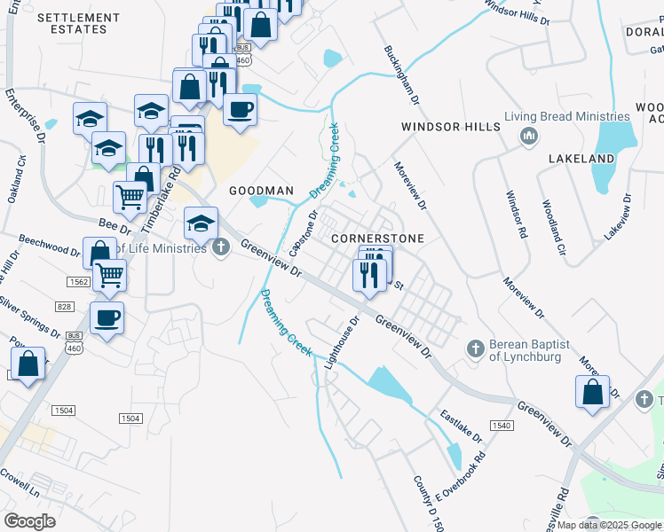 map of restaurants, bars, coffee shops, grocery stores, and more near 118 Capital Street in Lynchburg