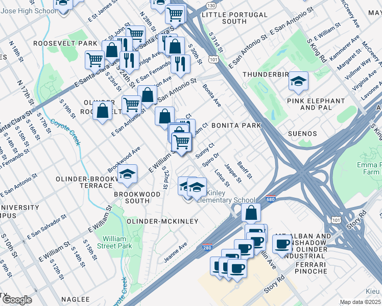 map of restaurants, bars, coffee shops, grocery stores, and more near 1121 Sunny Court in San Jose