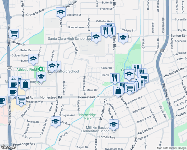 map of restaurants, bars, coffee shops, grocery stores, and more near 2975 Via Torino in Santa Clara