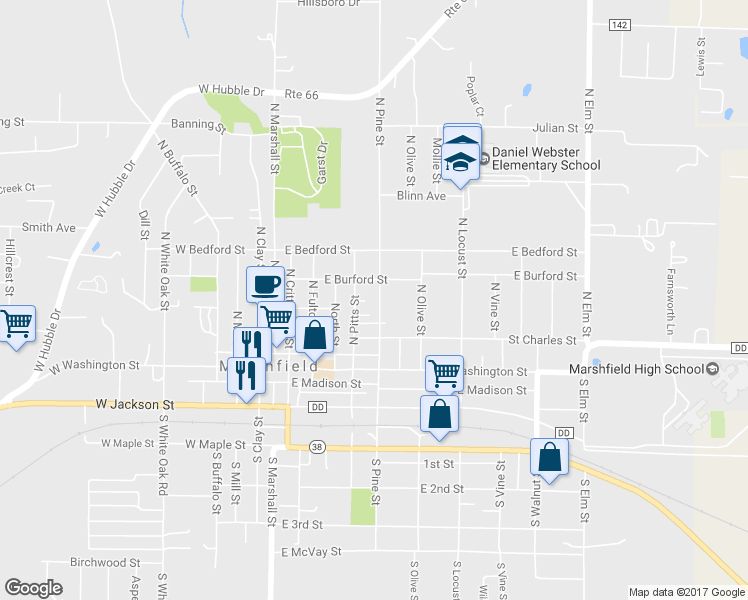 map of restaurants, bars, coffee shops, grocery stores, and more near 311 North Pine Street in Marshfield