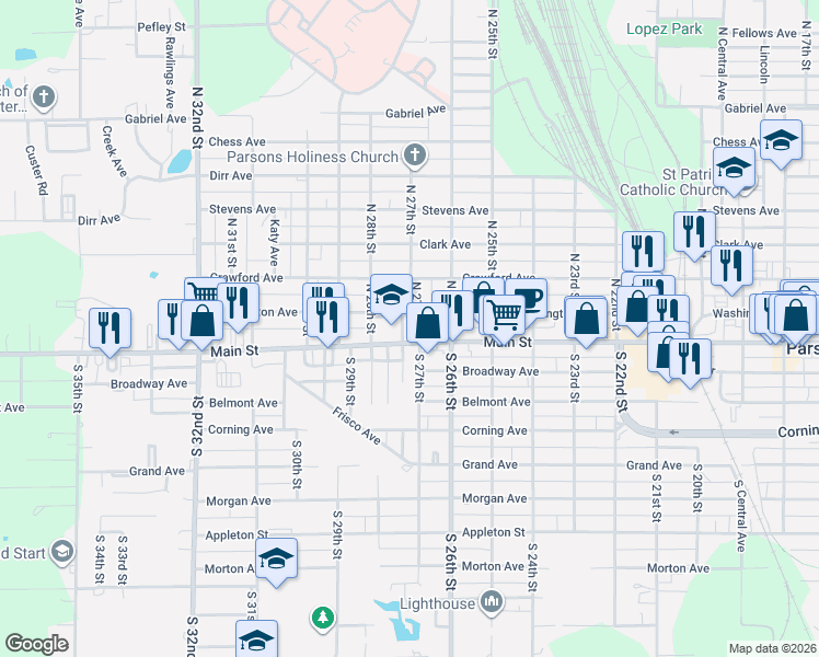 map of restaurants, bars, coffee shops, grocery stores, and more near 110 North 27th Street in Parsons