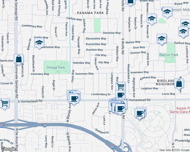 map of restaurants, bars, coffee shops, grocery stores, and more near 1606 Grosbeak Avenue in Sunnyvale