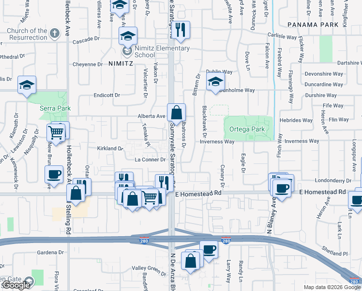 map of restaurants, bars, coffee shops, grocery stores, and more near 121 Killean Court in Sunnyvale