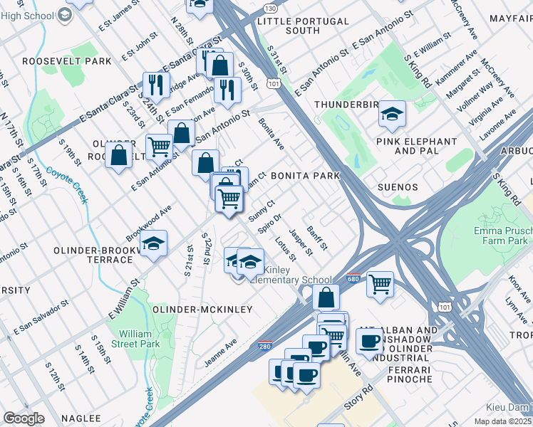map of restaurants, bars, coffee shops, grocery stores, and more near 1152 Sunny Court in San Jose