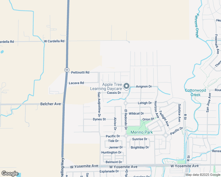 map of restaurants, bars, coffee shops, grocery stores, and more near 4032 Wood Creek Court in Merced