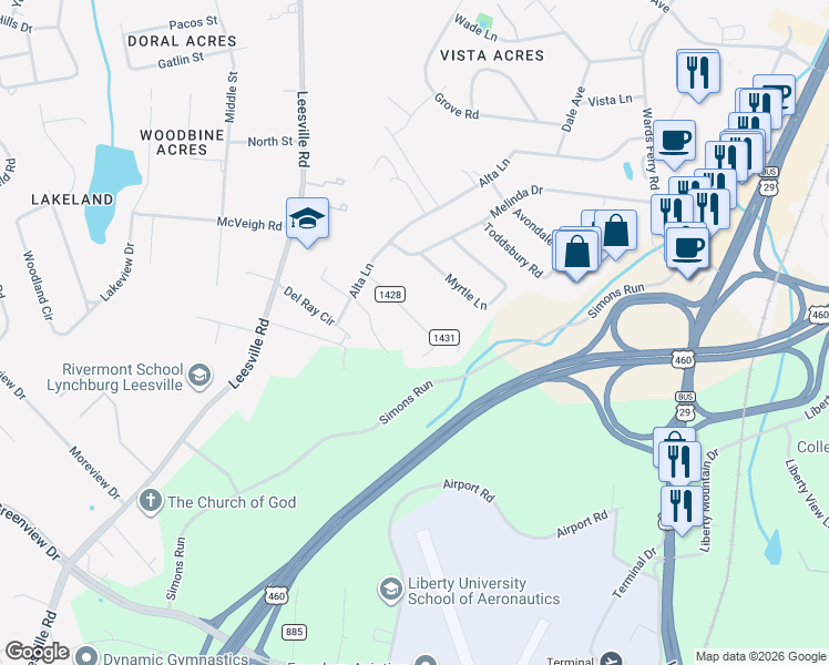 map of restaurants, bars, coffee shops, grocery stores, and more near 60 County Road 1428 in Lynchburg