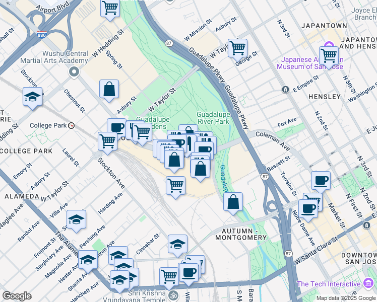map of restaurants, bars, coffee shops, grocery stores, and more near in San Jose