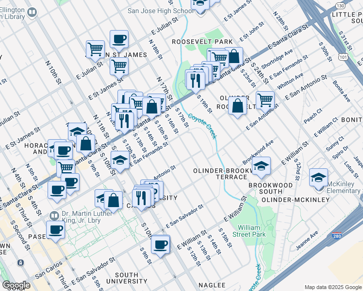 map of restaurants, bars, coffee shops, grocery stores, and more near 135 South 16th Street in San Jose