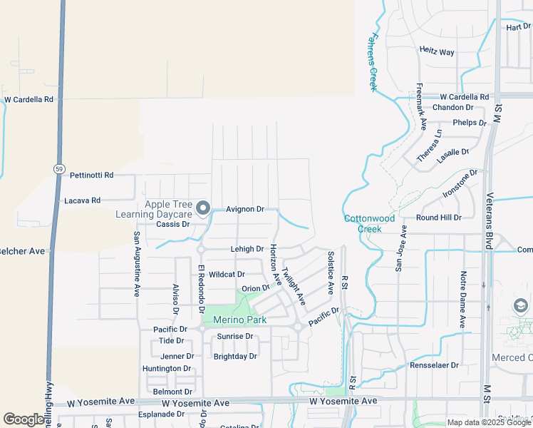 map of restaurants, bars, coffee shops, grocery stores, and more near 1216 Avignon Drive in Merced