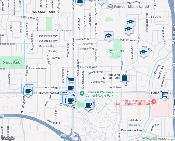 map of restaurants, bars, coffee shops, grocery stores, and more near 917 Kennard Way in Sunnyvale