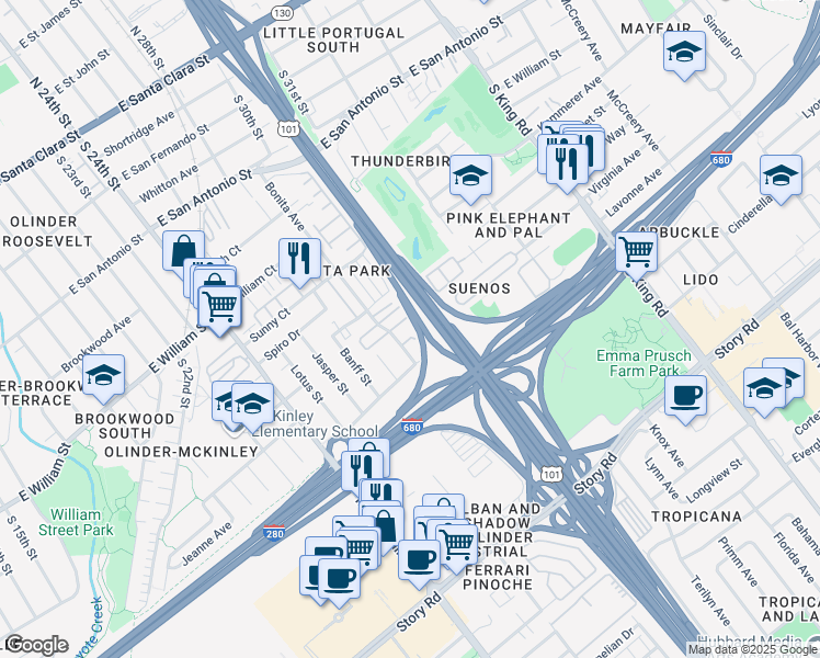 map of restaurants, bars, coffee shops, grocery stores, and more near 749 Bonita Place in San Jose