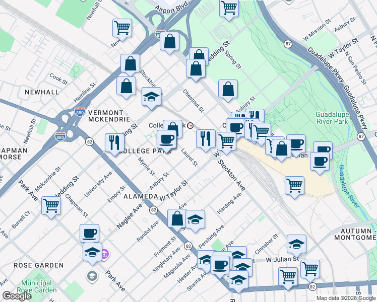 map of restaurants, bars, coffee shops, grocery stores, and more near 752 Laurel Street in San Jose