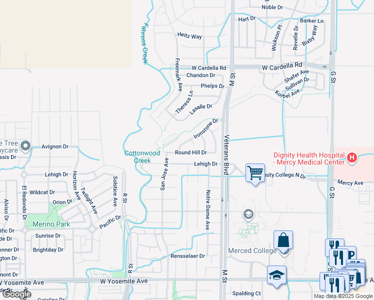 map of restaurants, bars, coffee shops, grocery stores, and more near 781 Round Hill Drive in Merced