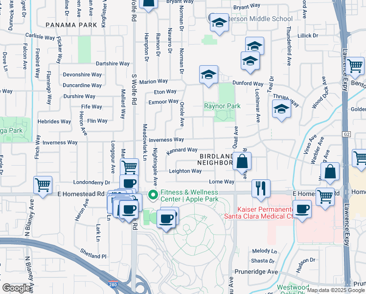 map of restaurants, bars, coffee shops, grocery stores, and more near 935 Kennard Way in Sunnyvale