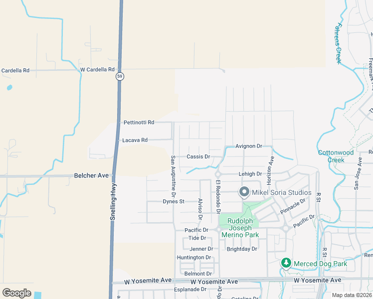 map of restaurants, bars, coffee shops, grocery stores, and more near 4031 Wood Creek Court in Merced