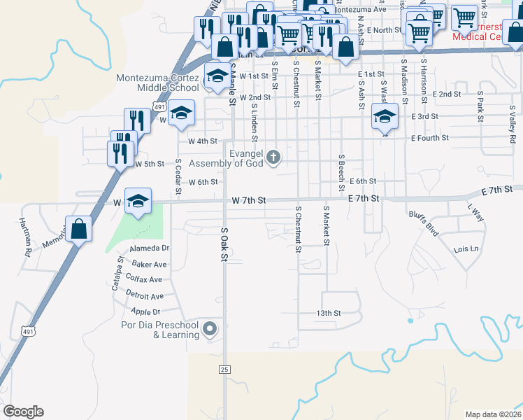 map of restaurants, bars, coffee shops, grocery stores, and more near Juniper Place in Cortez