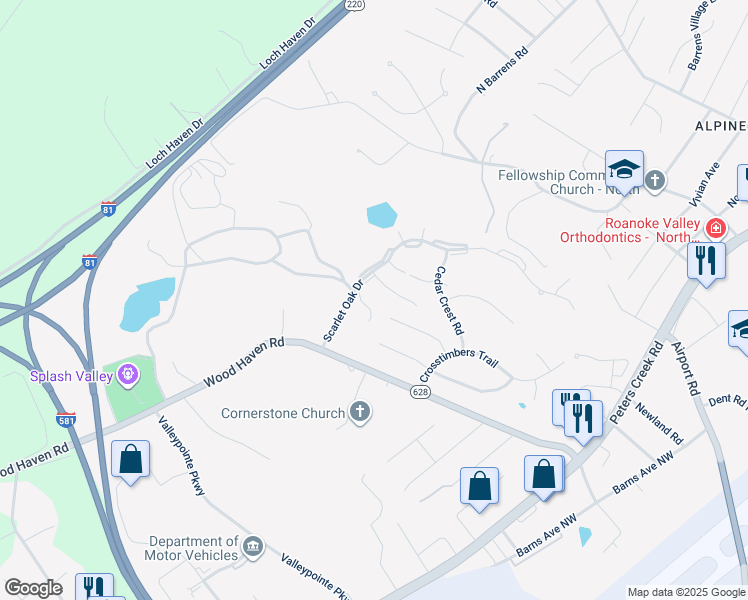 map of restaurants, bars, coffee shops, grocery stores, and more near 6946 Black Walnut Court in Roanoke