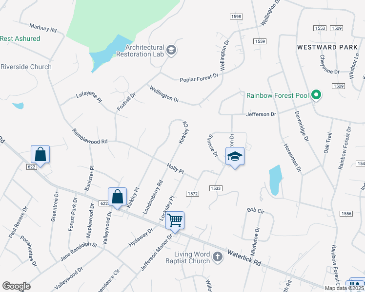 map of restaurants, bars, coffee shops, grocery stores, and more near 113 Kirkley Circle in Forest