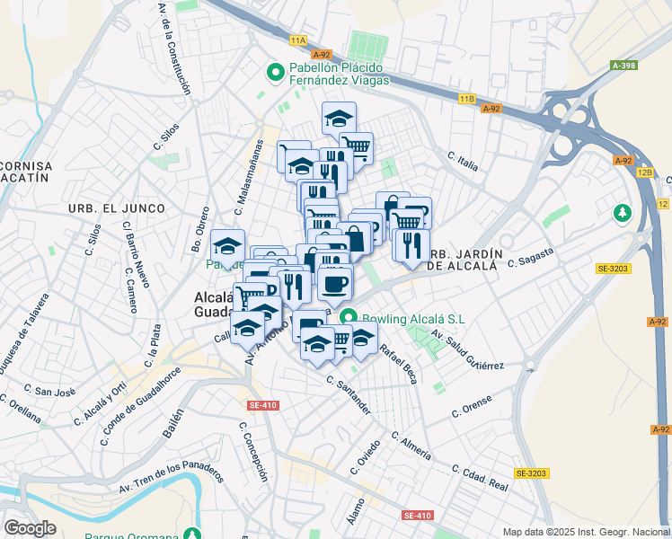 map of restaurants, bars, coffee shops, grocery stores, and more near 14 Calle Novillero Antonio Castillo in Alcalá de Guadaíra