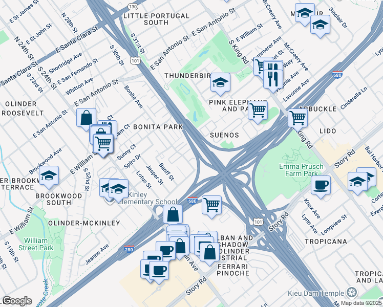 map of restaurants, bars, coffee shops, grocery stores, and more near 749 Bonita Place in San Jose