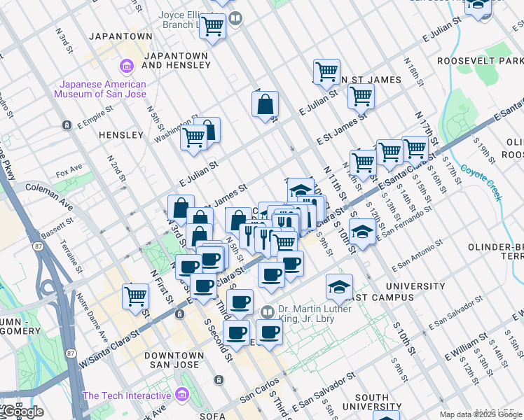 map of restaurants, bars, coffee shops, grocery stores, and more near 303 East Saint John Street in San Jose