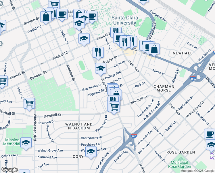 map of restaurants, bars, coffee shops, grocery stores, and more near 986 Camino Drive in Santa Clara