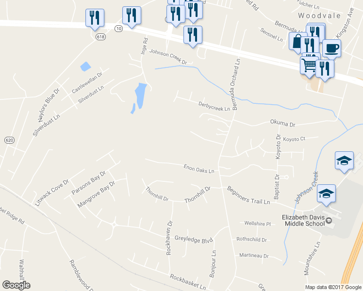 map of restaurants, bars, coffee shops, grocery stores, and more near 13620 Bermuda Orchard Lane in Chester